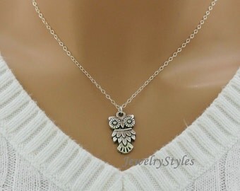 Silver Owl Necklace, Sterling Silver Chain