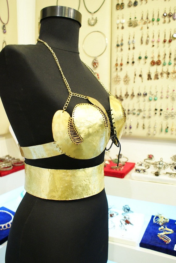 gold bra-metal bra and metal belt - body jewelry - gold body jewelry - burlesque costume - burlesque bra - metal bra