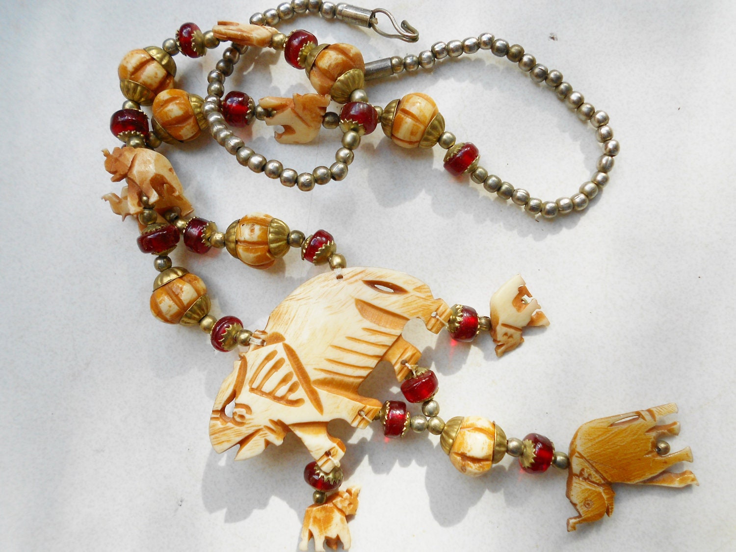 Vintage necklace Bone elephants necklace India red glass