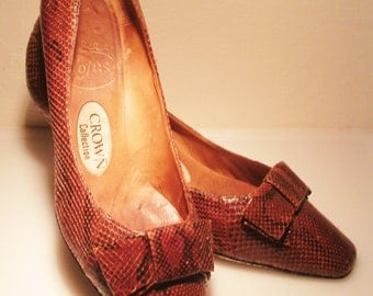 1960s lotus crown collection leather snake skin shoes with bows