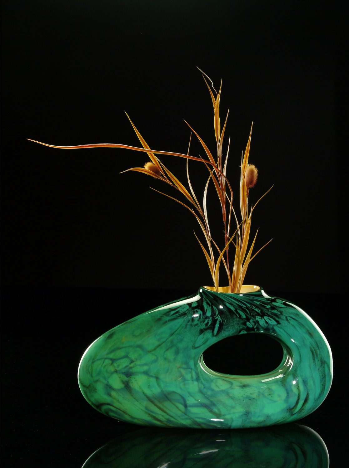 Hand blown art glass sculpture Bolinas in Jade by KatzGlassDesign