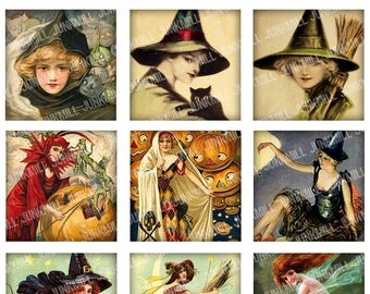 WISTFUL WITCHES - Digital Printable Collage Sheet - 2" x 2" Squares - Pretty Victorian Witches & Vintage Halloween Pin-Ups, Digital Download
