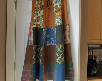 Patchwork skirt 32 waist womens long / hippie tier boho / blue brown gold / flower plaid