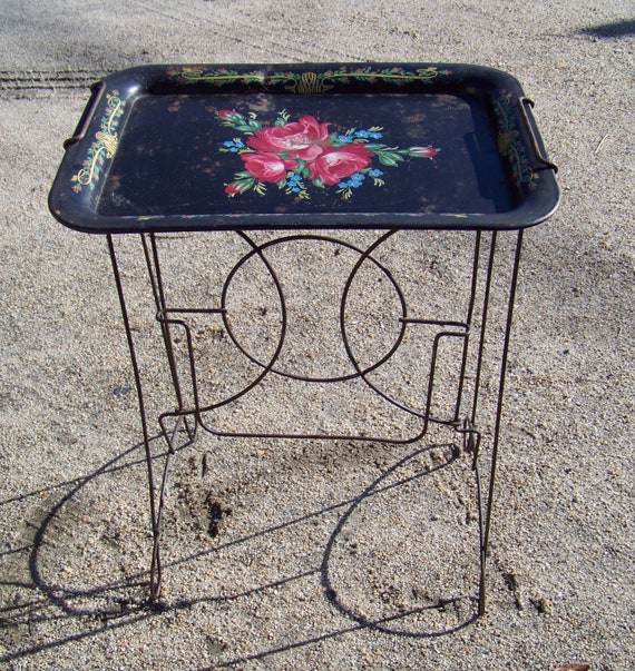 Vintage Folding Metal TV Tray Stand...Toleware Tray...Mid