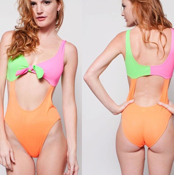 80s Bowtie Neon One Piece Swimsuit