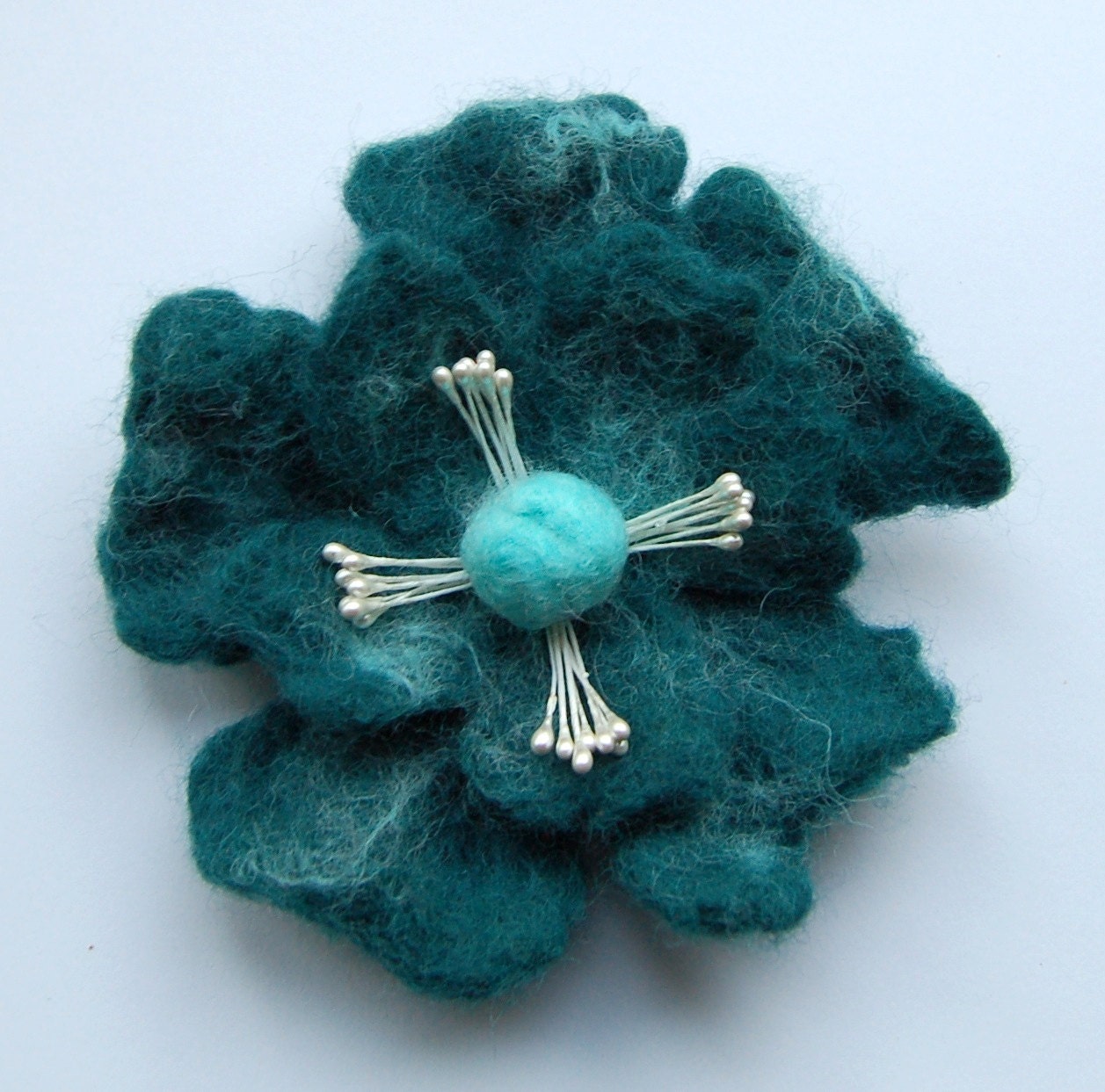 Felt flower pin wet felted wool jewelry seagreen and