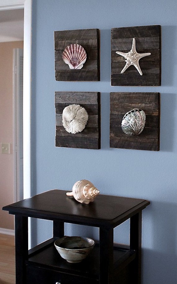 Items similar to Beach Decor on driftwood panel for coastal decor. Set of four as shown on Etsy