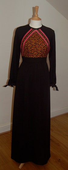 Vintage Lanz Origional 1960's black maxi dress with fitted flowery ...