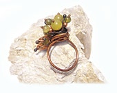 Olive Green Jade Wrapped Jewel Ring Copper Ring Nature Jewelry Statement One of a kind Ring