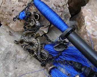Hair Sword - Hair Stick Hairpin Black with Royal Blue Silk and Dragon Charms - Ryuu 2409