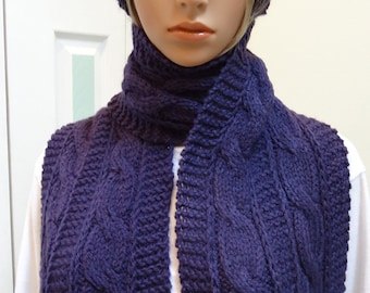 KNITTED HAT & SCARF Set: Purple/Eggplant Hat and scarf set, designer cable stitch pattern, worsted weight yarn