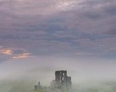 Ancient English Castle in the Mist, Fantasy Landscape Photography Print. Historic Corfe Castle.