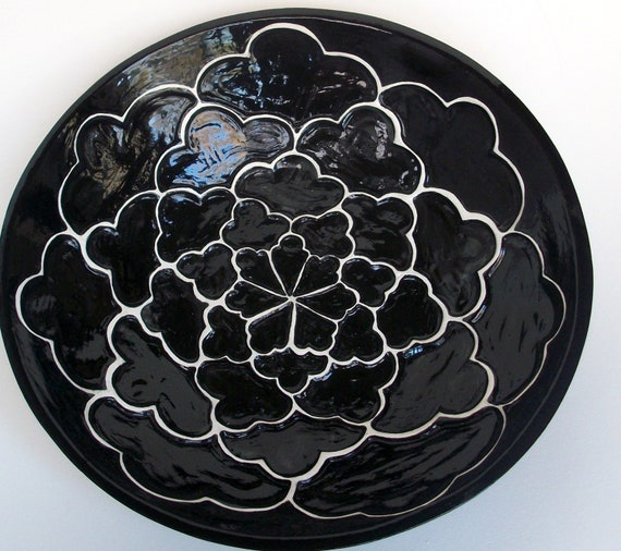 Large Black and White Serving Bowl with Carved Design