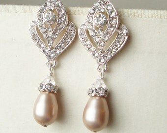 CHAMPAGNE Pearl Wedding Earrings, Vintage Style Bridal Earrings, Art Deco Style Champagne Pearl Earrings, Rhinestone Earrings, IVANA