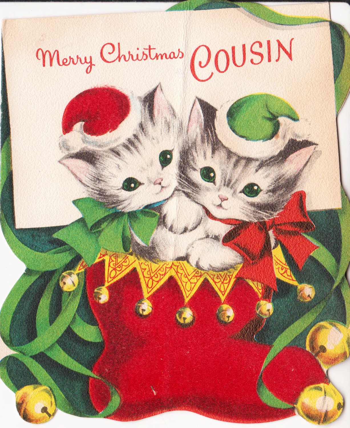 1954 Merry Christmas Cousin Kittens In Stocking Christmas