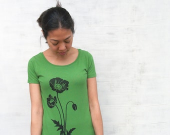 Womens Graphic Tee- Poppy T Shirt- Organic Cotton T Shirt- Green T Shirt - Womens Tee Shirt - Screen Printed Shirt - Womens Organic Clothing