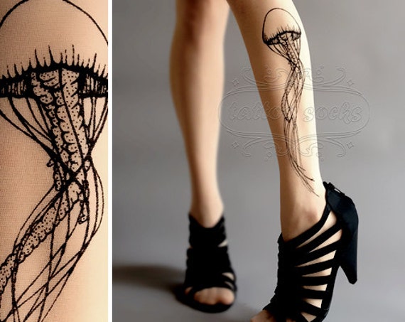 new 5 heels high look size high thigh Jellyfish tattoosocks stockings gorgeous TATTOO by