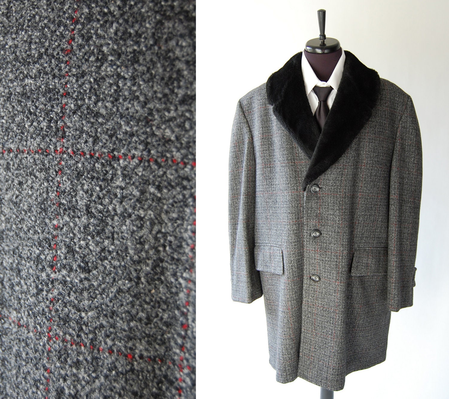 Mens Wool Coat / charcoal gray Plaid Tweed with by shopgoodgrace