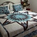 Queen Star Bed Quilt in shades of blue, aqua, chocolate brown and white 95" x 95"