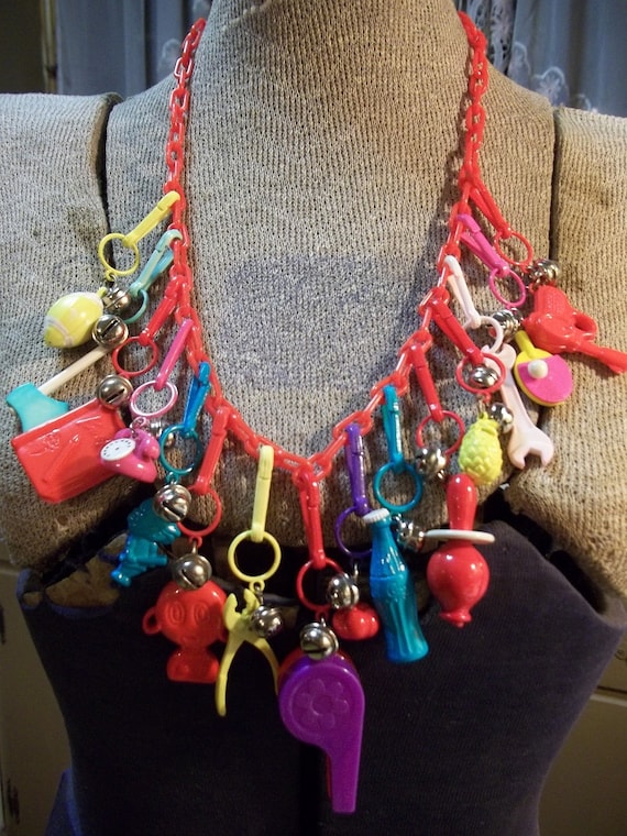 Vintage Retro 1980's Plastic Charm Necklace loaded with 15