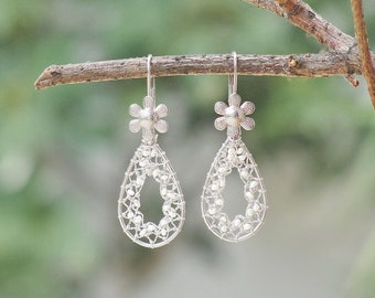 Drops of Dreams - Needle Lace Earrings with Tiny Sweet Water Pearls