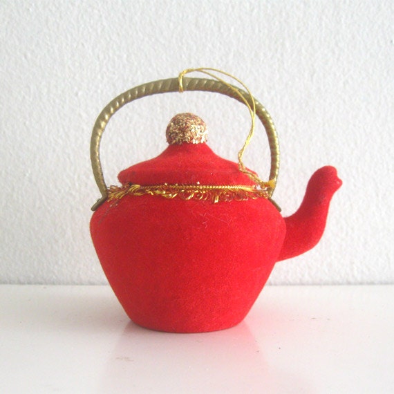 Vintage Christmas Ornament Red Flocked Teapot Tree Decoration