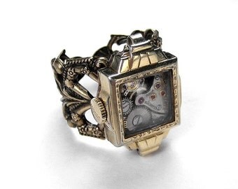 Steampunk Jewelry Womens Ring Vintage 10K Gold Watch Case Ruby Jeweled Mechanism Adjustable Ring GORGEOUS - Steampunk Jewelry by edmdesigns
