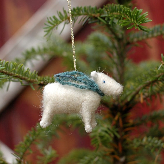 Lamb with a Blue Tweed Scarf- Needle Felted Christmas Ornament