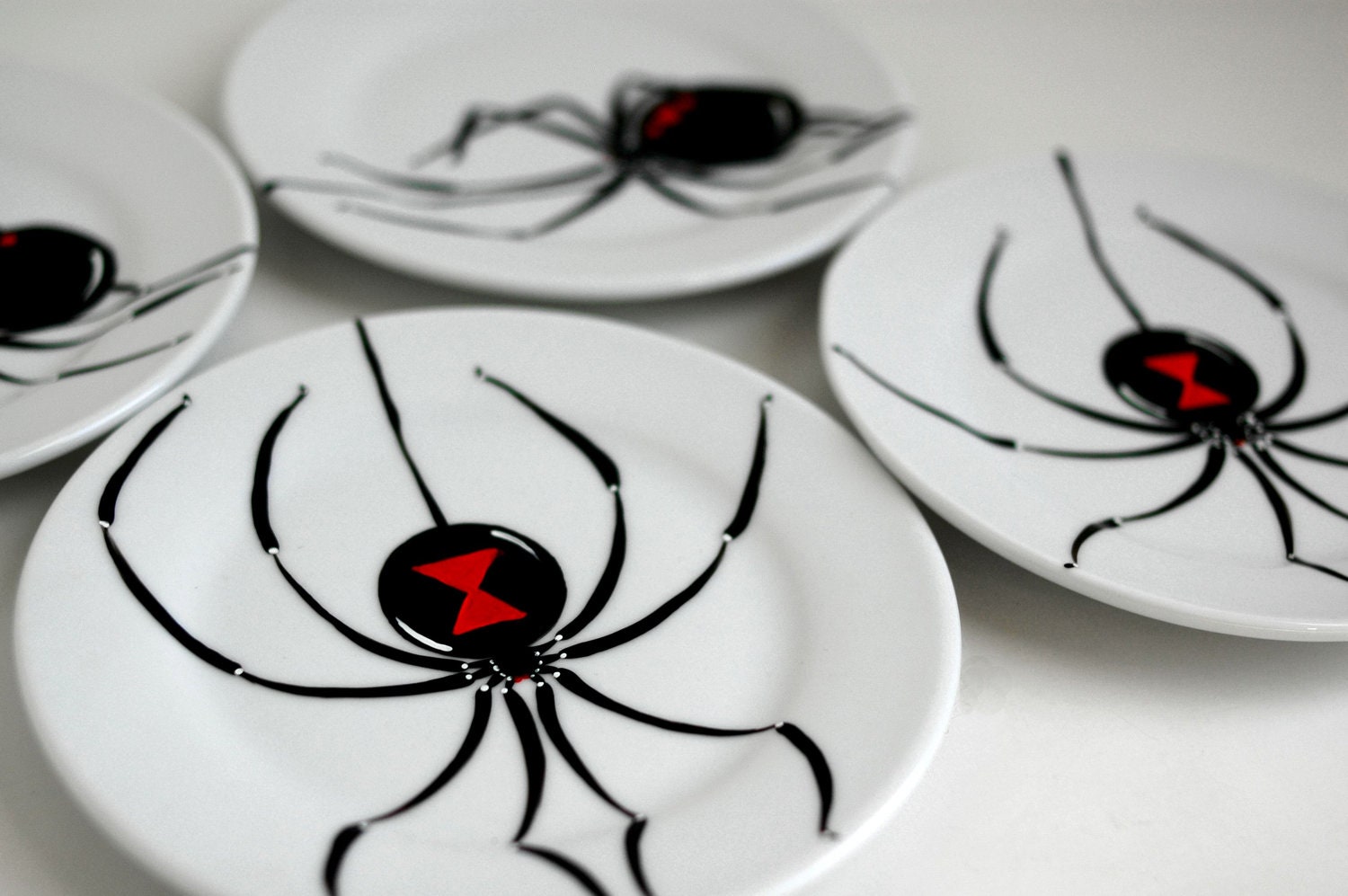 Black Widow Spider Plates Set of 4 Hand Painted Halloween