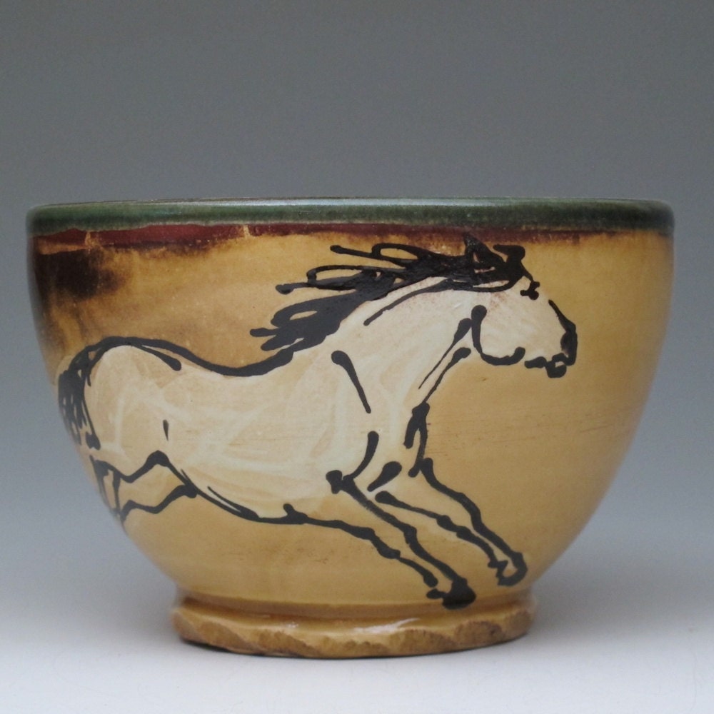 Bowl with two white horses stoneware pottery