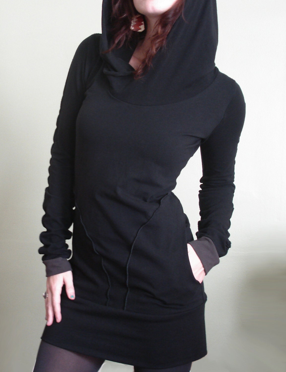 hooded tunic dress with pockets Black/Cement cuffs by joclothing