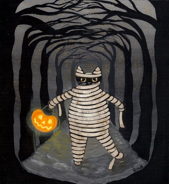 Mummy Halloween Cat Original Folk Art Painting by KilkennyCatArt