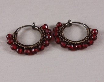 Clip on hoop earrings Garnet Gunmetal non pierced