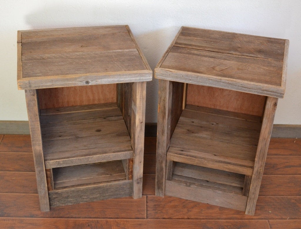 Eco friendly barnwood wood end table or night stand pair