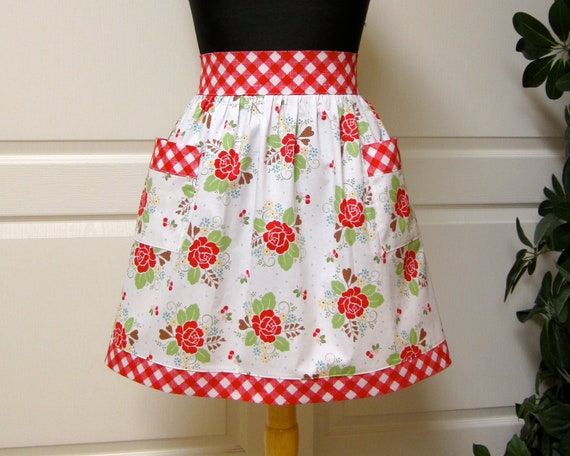 Retro Red Flowers Vintage Half Apron Flair for Cooking Cute