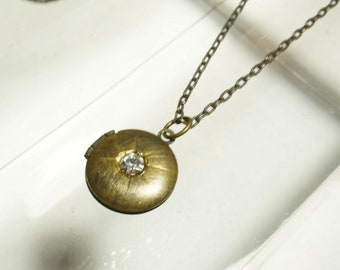 SALE - Tiny Vintage Round Locket with Crystal Setting Necklace - 12mm -1pc