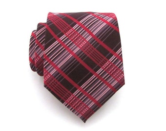 Mens Tie - Red and Brown Plaid Silk Necktie