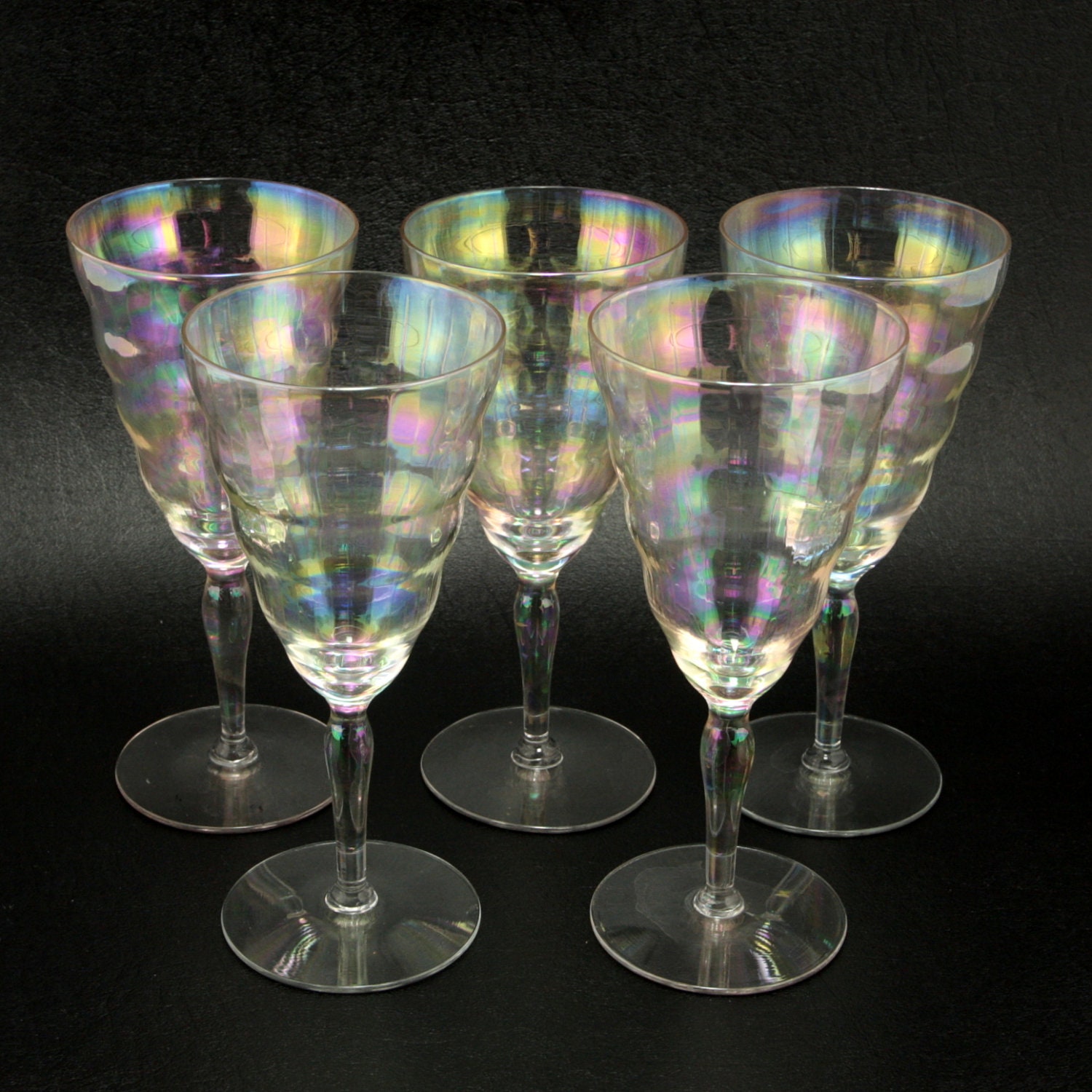 Iridescent Optic Water Goblets 5 Elegant Glass Stems Vtg