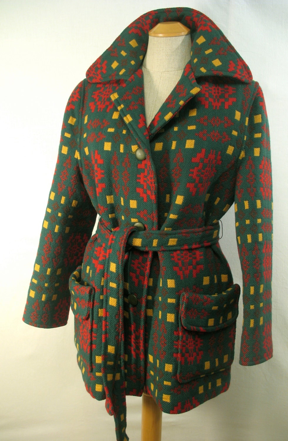Vintage 70s Tapestry Coat / Belted Welsh Tapestry Jacket / M