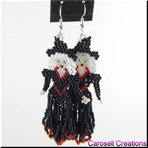 Halloween Witch Beadwork Seed Bead Holiday Earrings