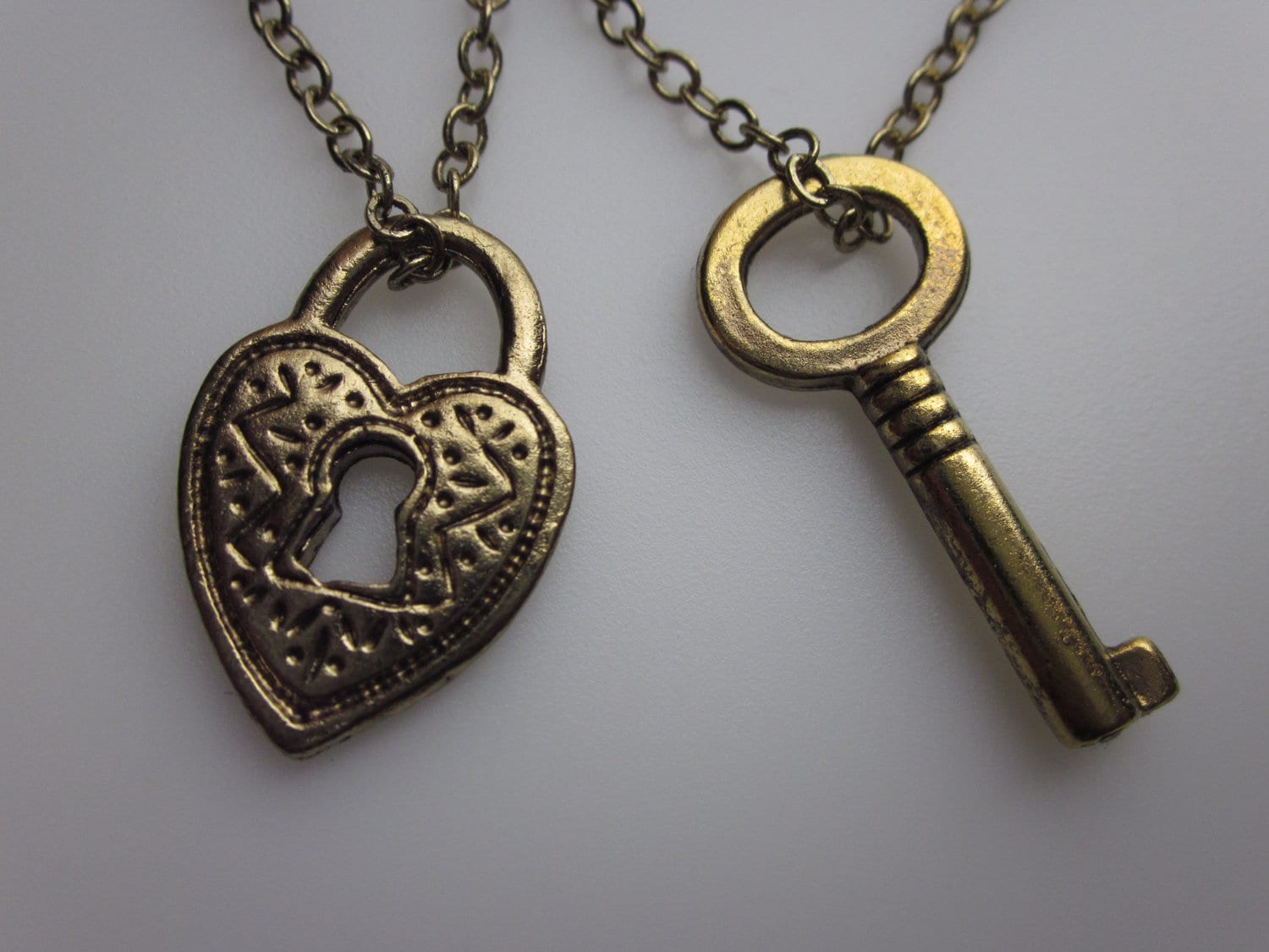 Heart Lock and Key Necklace. Pair of His and Hers Couple Charm