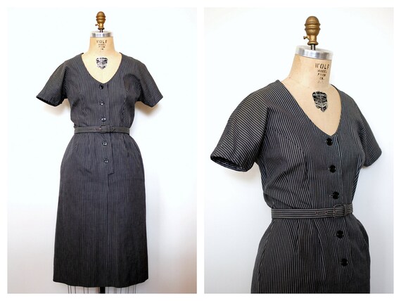 1950s dress / 50s grey dress / 1950s cotton pinstripe by 13bees