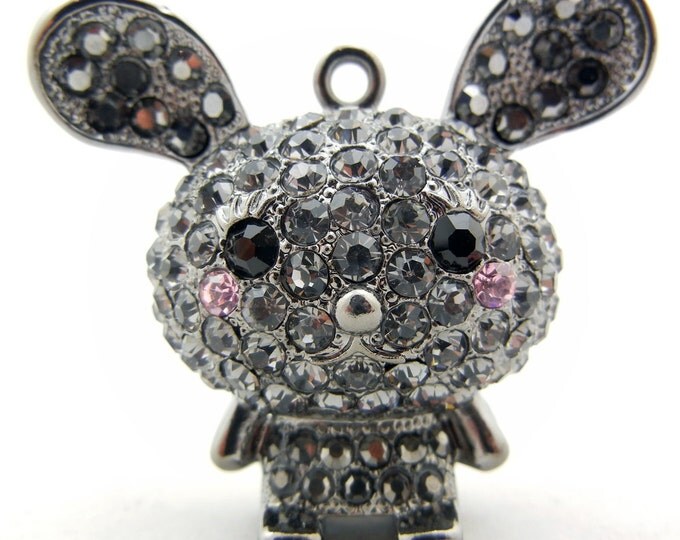 Dimensional Rabbit Charm Pendant with Rhinestones Hematite