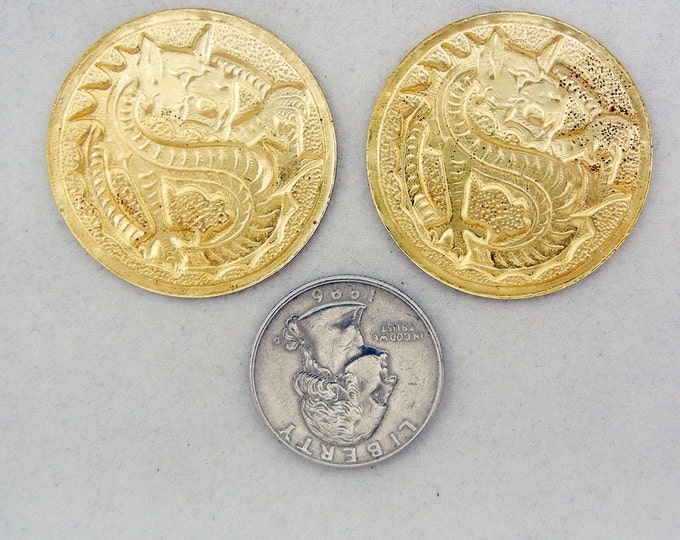 Two Large Round Brass Stampings with Embossed Dragon