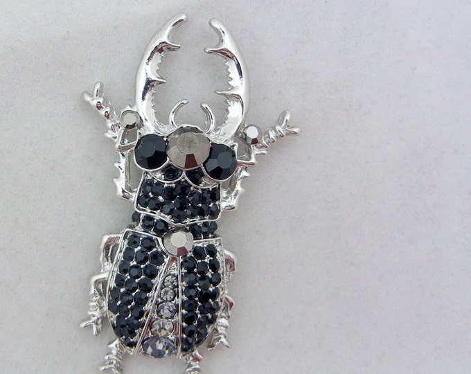 Beetle Bug Slide Charm with Clear and Black Rhinestones Silver-tone