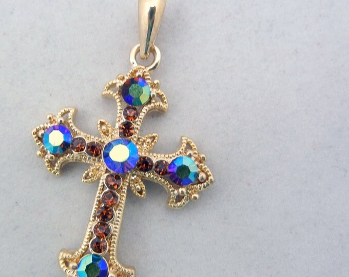 Small Gold-tone Filigree Cross Pendant AB Topaz Rhinestones