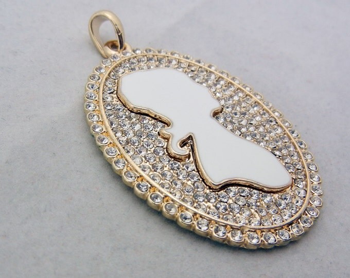 Gold-tone White Epoxy Rhinestone Cameo Pendant