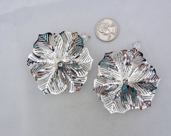 Pair of Large Dimensional Silver-tone Filigree Flower Charms