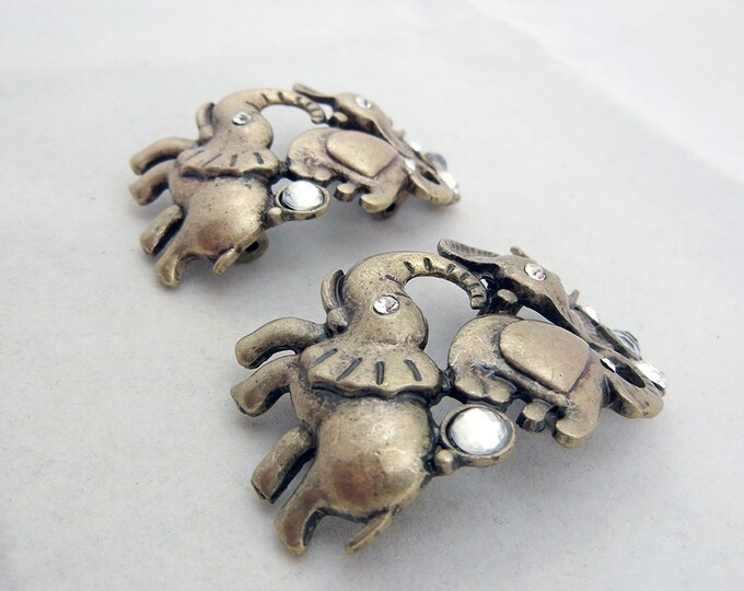 Set of 2 Antique Gold-tone Elephant Slide Charms Rhinestones