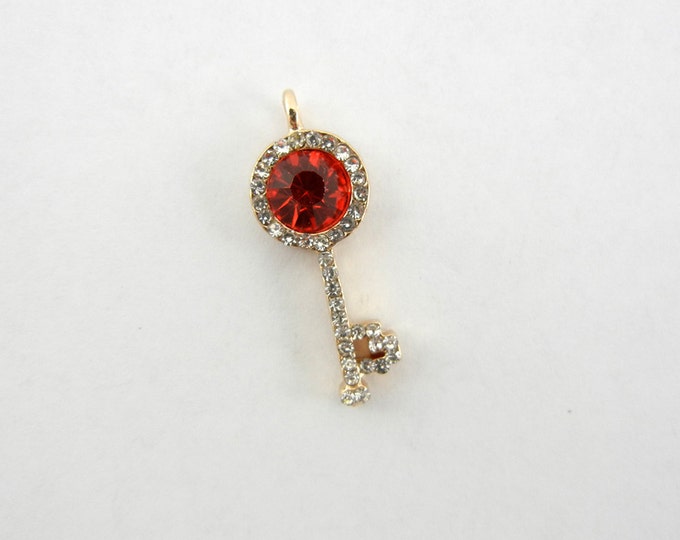 Small Red Rhinestone Skeleton Key Pendant Charm Gold-tone